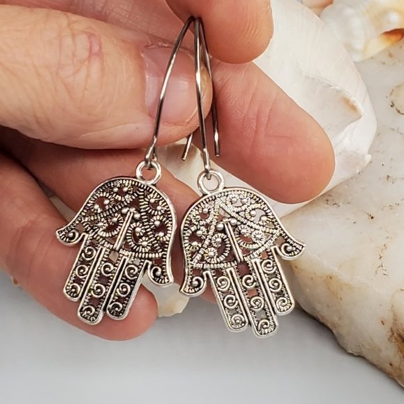 Hamsa Hypoallergenic Jewelry Silver Lightweight Earrings Hamsa Hand - Picture 1 of 4